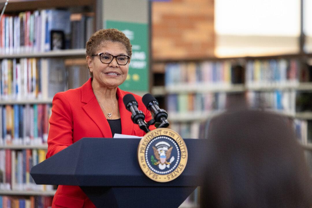 Los Angeles mayor Karen Bass speaks at an event promoting President Joe Biden's student loan forgiveness program, in Culver City, Calif., on Feb. 21, 2024. Bass is runnning for a second term as mayor of the nation's second largest city, with independent candidate Spencer Pratt and Democrat Nithya Raman also on the ballot. (John Fredricks/The Epoch Times)