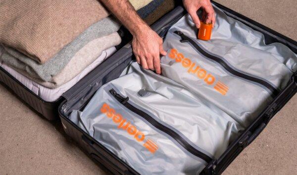 Aerless Vacuum Kit triples your luggage space and keeps your clothes Wrinkle-Free the entire trip. It also keeps your suitcase neat after you land.