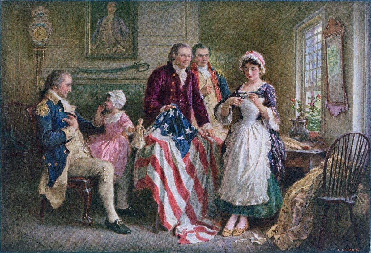 “Betsy Ross,” 1777, by Jean Leon Gerome Ferris. Betsy Ross showing Maj. Ross and Robert Morris how she cut the stars for the American flag; George Washington sits in a chair on the left. (Public Domain)