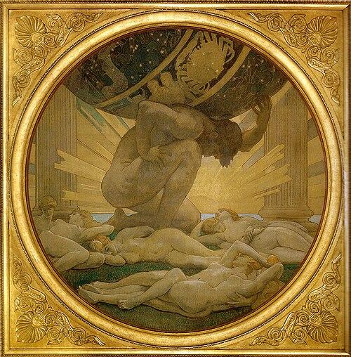 Herakles agrees to take Atlas's place and hold up the sky on his shoulders while Atlas goes into the garden to fetch the apples. (Public Domain)