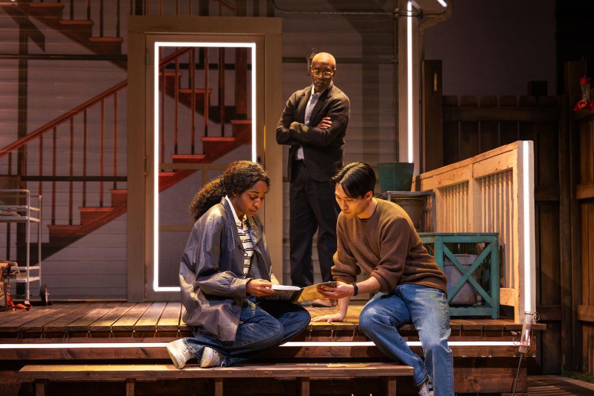 (L–R) Ayo Edebiri as Catherine, Don Cheadle as Robert, and Jin Ha as Hal in "Proof" on Broadway. (Matthew Murphy)