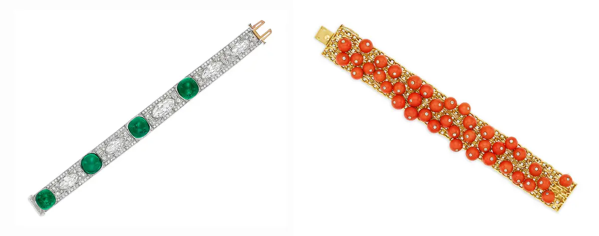 A compilation of Cartier and Tiffany & Co. bracelets on auction through Christie's "A Treasured History: The Stream Family Collection Online." (Left) A circa 1930, Tiffany & Co. art deco emerald and diamond bracelet; 6 3/4 inches. (Right) A circa 1955 Cartier coral, diamond, and 18k yellow gold bracelet; 7 1/2inches by 1 inch. (Christie’s)