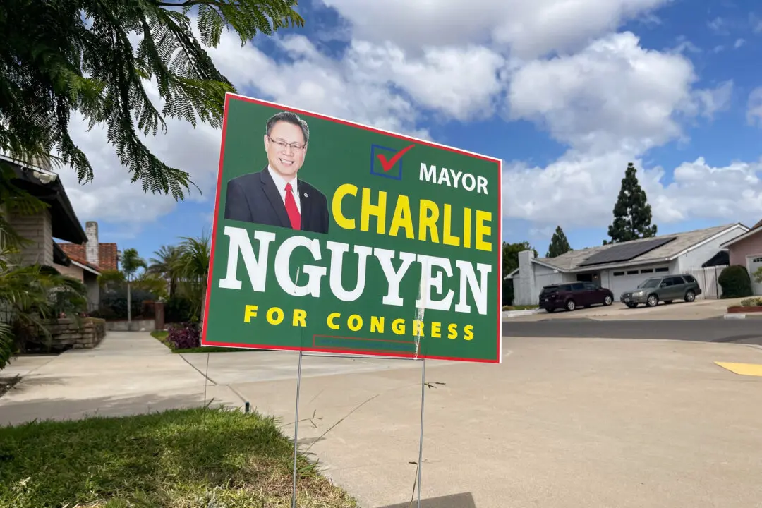 A campaign sign for Westminster Mayor Charlie Nguyen's campaign for the 45th Congressional District is seen in a residential area near the Little Saigon neighborhood in Westminster, Calif., on May 27, 2026. Nguyen has been mayor of Westminster, nucleus of the Little Saigon neighborhood, since 2022. (Beige Luciano-Adams/The Epoch tImes)
