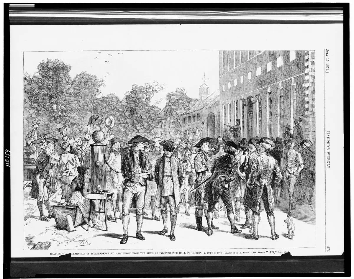 'Reading the Declaration of Independence by John Nixon, from the steps of Independence Hall, Philadelphia, July 8, 1776,' drawn by E.A. Abbey, 1876, for Harper's Weekly. (Library of Congress)