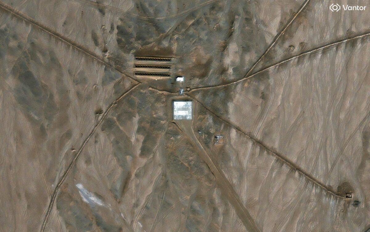 A satellite image shows what security analysts say is a launch pad that is part of two isolated desert networks linked by roads and possible communications conduits in the Xinjiang region of China on April 28, 2026. (Vantor/Handout via Reuters)