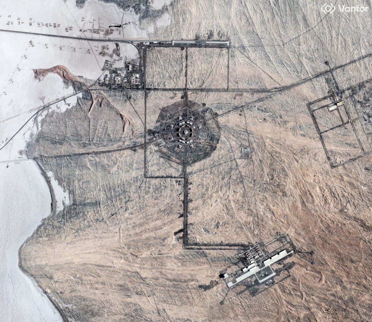 A satellite view shows one of the two Xinjiang octagon-shaped military facilities that analysts say are likely supporting the nearby Hami silo fields, near an airfield to the south and a rail terminal to the north, in the Xinjiang region, China, on Aug. 4, 2025. (Vantor/Handout via Reuters)