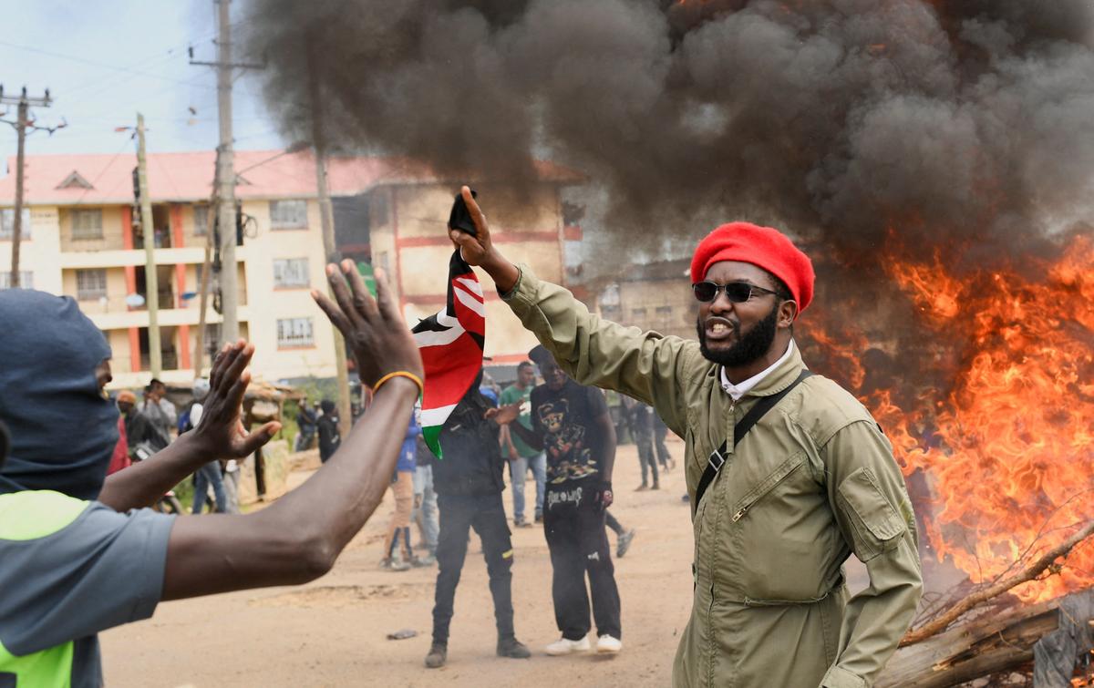 Demonstrators protest against a plan to establish an Ebola quarantine facility at an air force base in Nanyuki, Kenya, on June 1, 2026. (John Muchucha/Reuters)