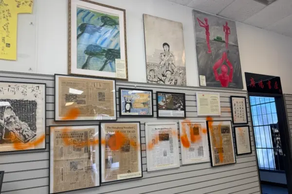 Exhibits at the June 4th Massacre Memorial Museum were vandalized by intruders in El Monte, Calif., on May 31, 2026. (Ma Shangâen/The Epoch Times)