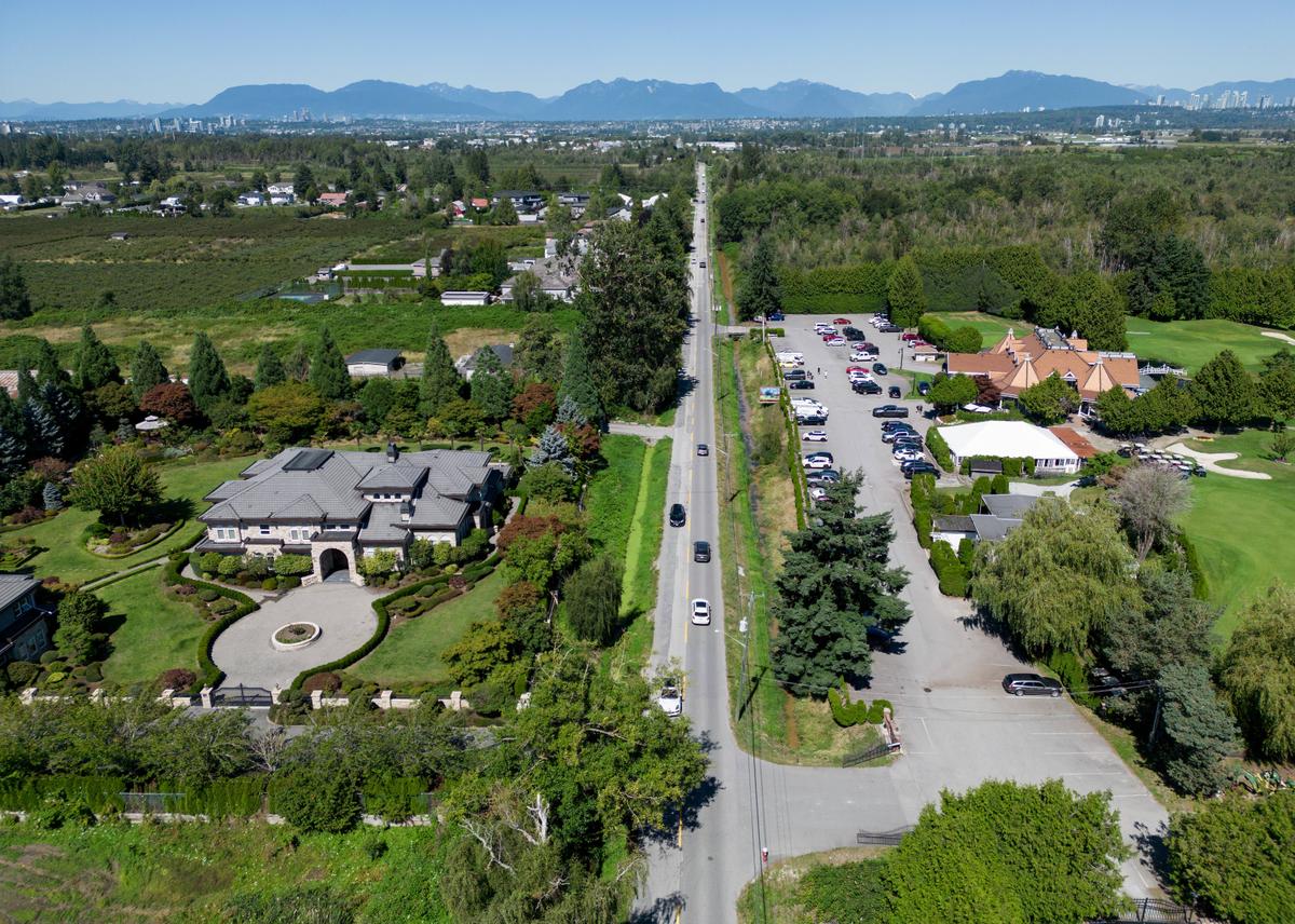 Properties that fall within the boundaries of a Cowichan Nation Aboriginal title claim are seen along No. 6 Road in Richmond, B.C., on Aug. 22, 2025. (The Canadian Press/Darryl Dyck)