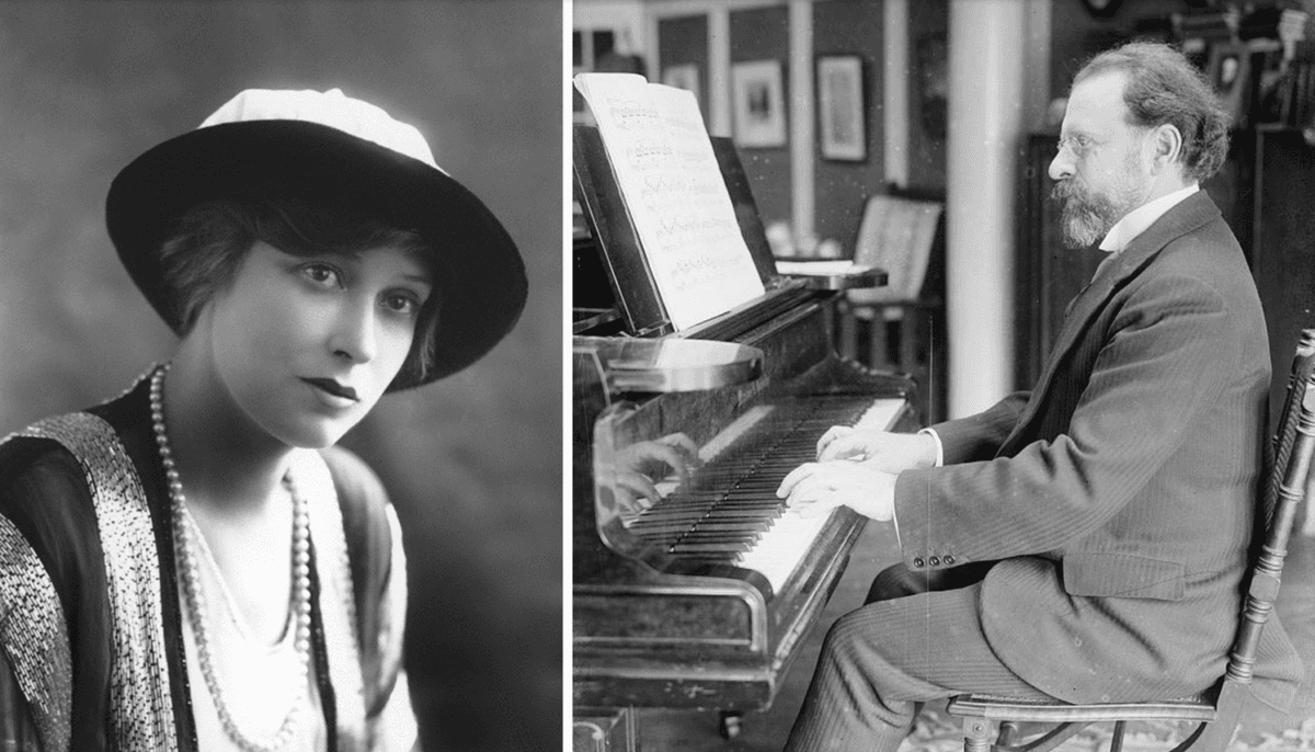 Two who helped Alfred Newman in his career: (Left) vaudeville star Grace La Rue hired Newman as an accompanist when he was 13. (Right) Acclaimed pianist Sigismond Stojowski trained Newman in piano. Library of Congress. (Public Domain)