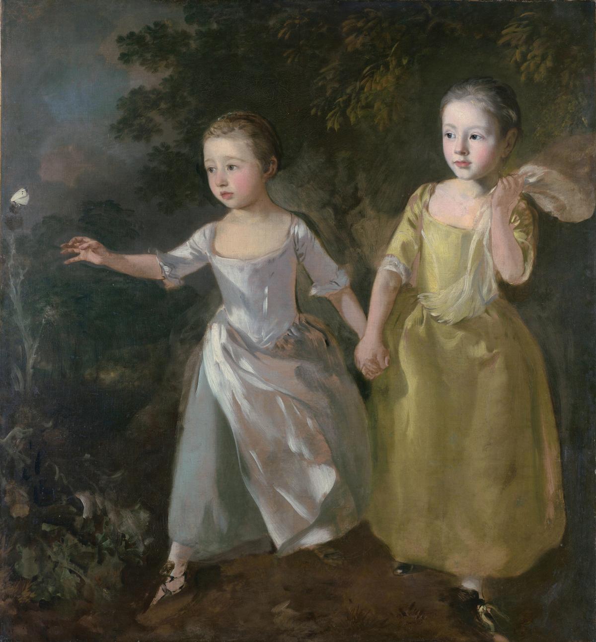 “The Painter’s Daughters Chasing a Butterfly,” circa 1756, by Thomas Gainsborough. Oil on canvas; 44 11/16 inches by 41 1/2 inches. National Gallery, London. A father's eye catches what a formal portrait never could: two small girls amid childhood innocence. (Public Domain)