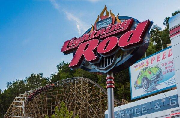 Fashioned as a 1950s hot rod, the Lightning Rod hybrid coaster blasts thrill-seekers through sharp bank curves. (Dollywood Parks & Resorts)