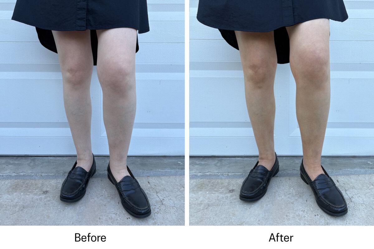 <p><br/>Tester before self-tanner (left); tester after using Jergens Natural Glow Daily Moisturizer (right). Photo taken in natural indirect lighting outside.</p>