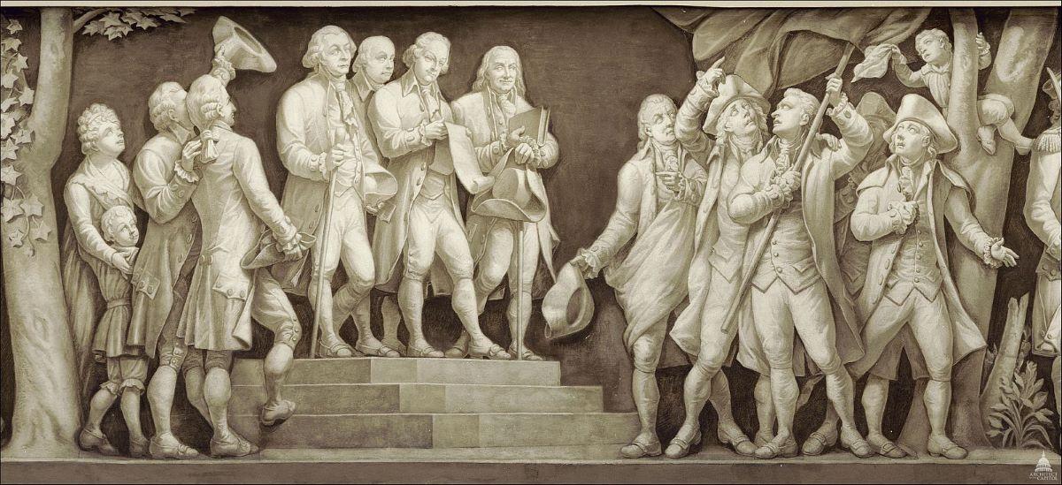 Image of the reading of the Declaration of Independence. This idealized depiction shows the principal authors of the Declaration of Independence, John Adams, Thomas Jefferson, and Benjamin Franklin, reading the document to colonists. (Public Domain)
