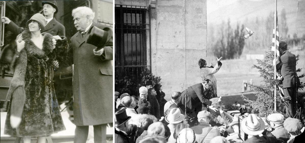 (Left) Sam Hill and Queen Marie of Romania in 1926. (Right) Queen Marie released pigeons at the dedication of Maryhill Museum of Art in 1926. (Courtesy of Maryhill Museum of Art)