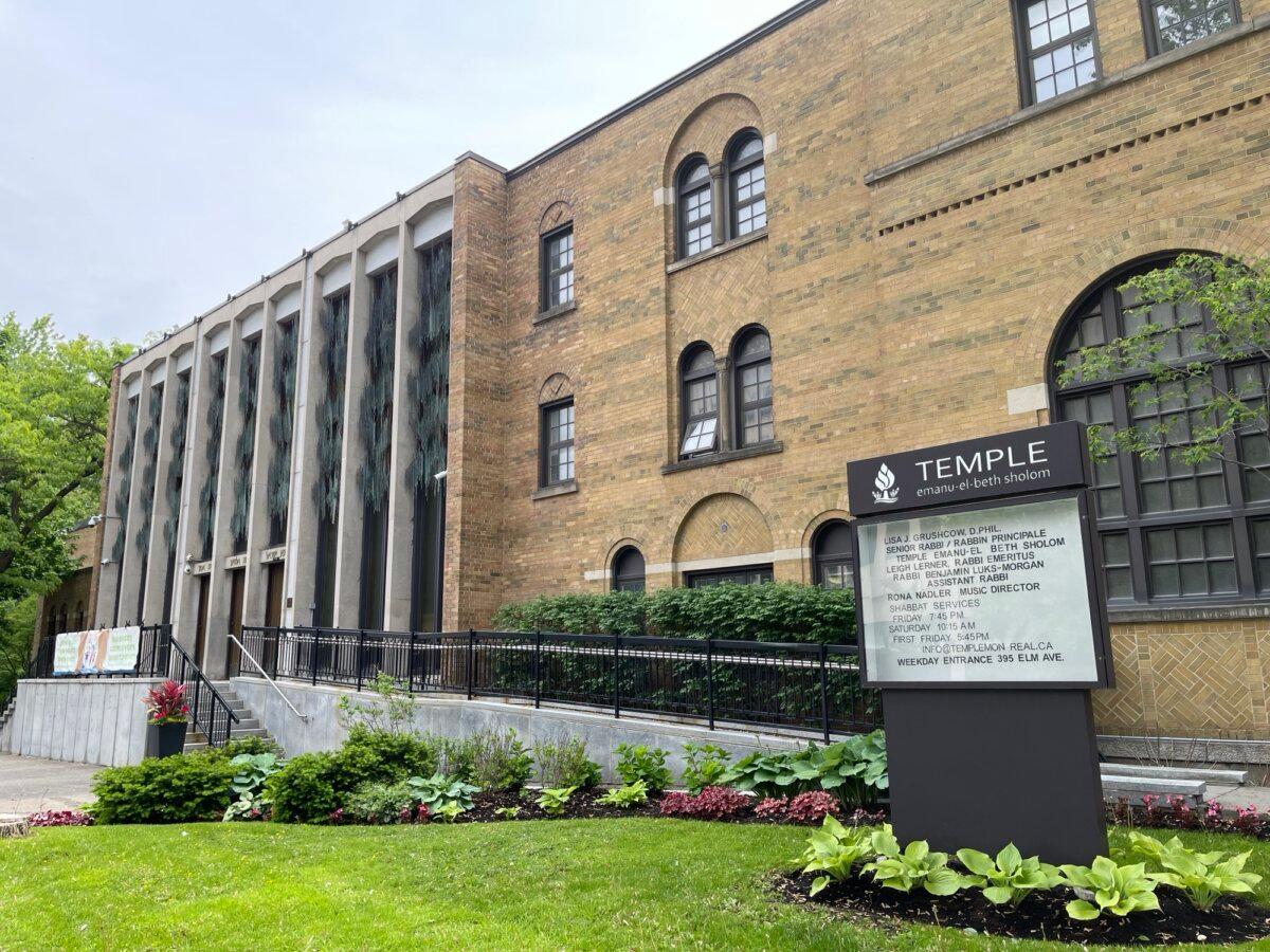 The Temple Emanu-El-Beth Sholom synagogue is seen in Montreal on June 5, 2026. (Noé Chartier/The Epoch Times)