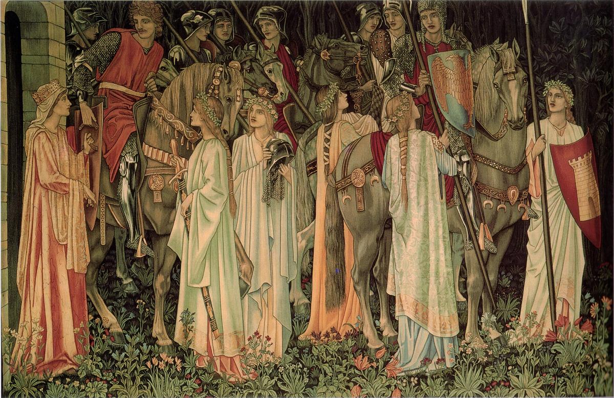 "The Arming and Departure of the Knights," part of the Holy Grail Tapestry, 1890s by Sir Edward Burne-Jones, William Morris, and John Henry Dearle. (Public Domain)