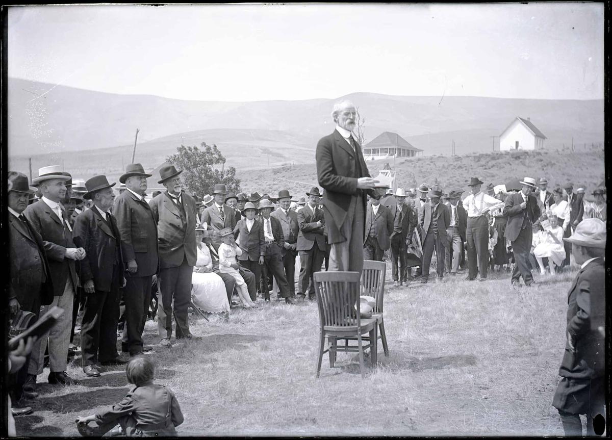Washington historian Edmund Meany at the 1918 dedication of the altar stone at Stonehenge Memorial. (Courtesy of Maryhill Museum of Art)