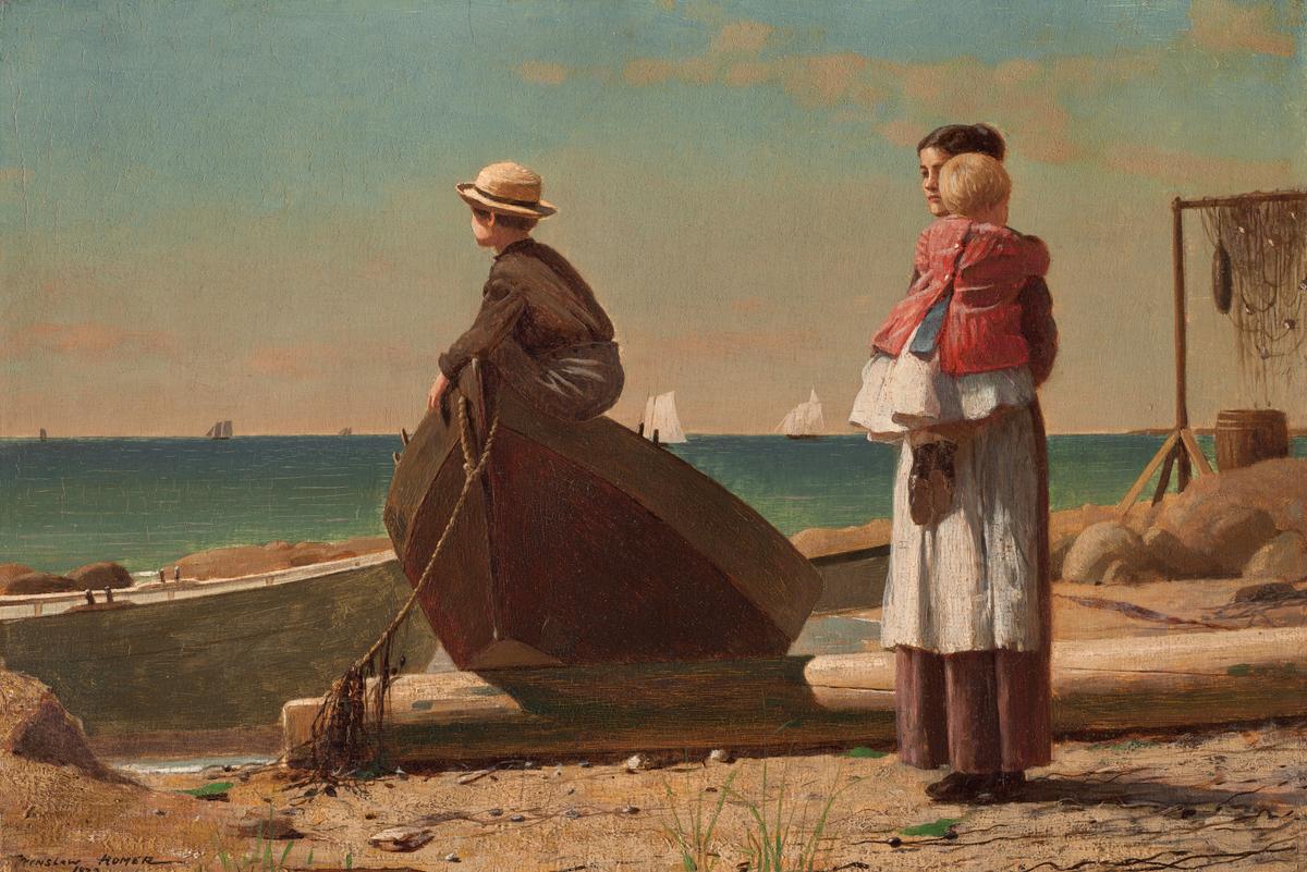 "Dad's Coming!," 1873, by Winslow Homer. Oil on wood; 9 inches by 13 3/4 inches. Homer turns waiting into a physical sensation: a woman, a baby, and a boy frozen in the same breathless moment of expectation. National Gallery of Art, Washington. (Public Domain)