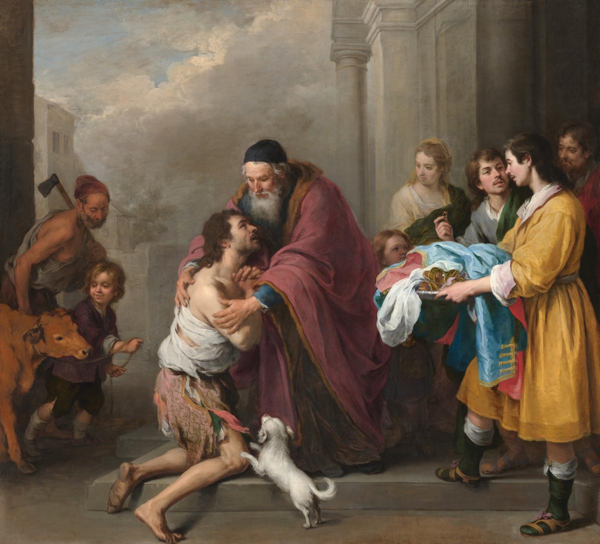 "The Return of the Prodigal Son," circa 1667–1670, by Bartolomé Esteban Murillo. Oil on canvas; 93 1/16 inches by 102 3/4 inches. Murillo had his choice of every moment in the parable, and he chose this one: the instant a father's unconditional love proves stronger than anything a son could do to test it. National Gallery of Art, Washington. (Public Domain)