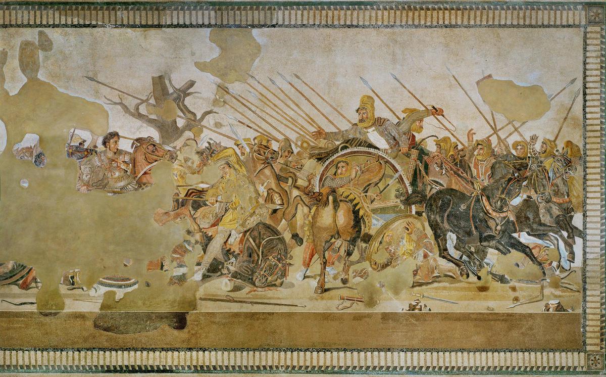 "Alexander Mosaic," circa 310 B.C., from the House of the Faun, Pompeii. Opus vermiculatum; 10.2 feet by 19 feet. Naples National Archaeological Museum. (Public Domain)