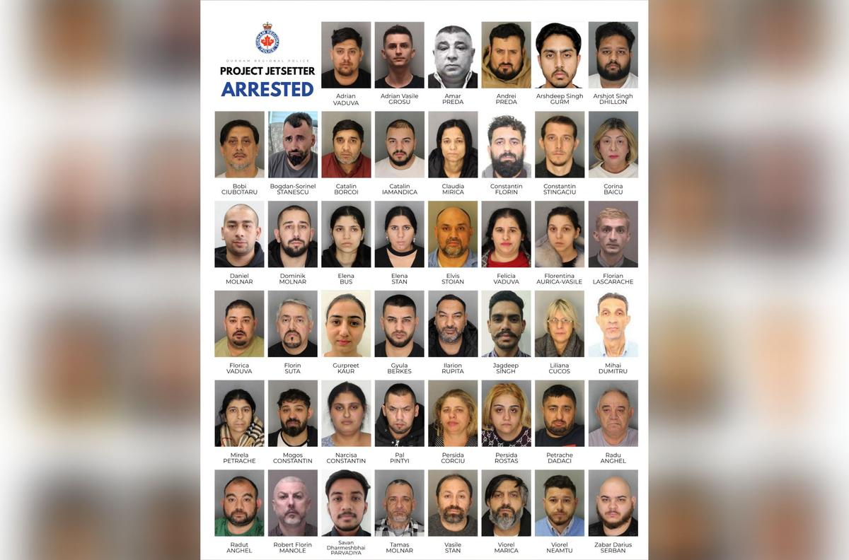 Forty-six suspects arrested and charged in connection with “Project Jetsetter” are seen in this handout photo. (Durham Regional Police Service)