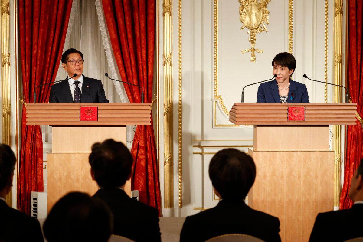 Philippine President Ferdinand Marcos Jr. (L) and Japanese Prime Minister Sanae Takaichi take part in a joint press conference at the Akasaka Palace State Guest House in Tokyo on May 28, 2026. (Rodrigo Reyes Marin/POOL/AFP via Getty Images)