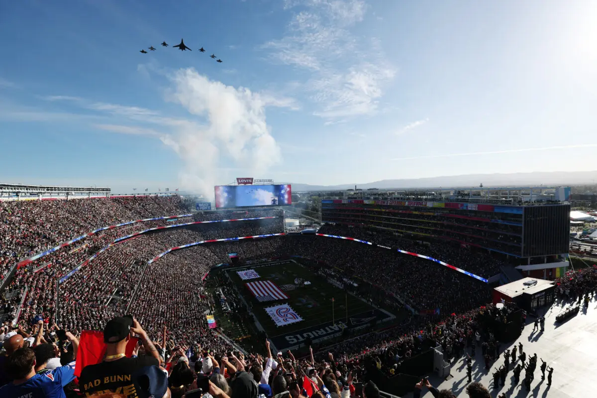 Jets fly over the stadium prior to the start of Super Bowl LX between the Seattle Seahawks and the New England Patriots at Levi's Stadium in Santa Clara, Calif., on Feb. 8, 2026. (Ishika Samant/Getty Images)