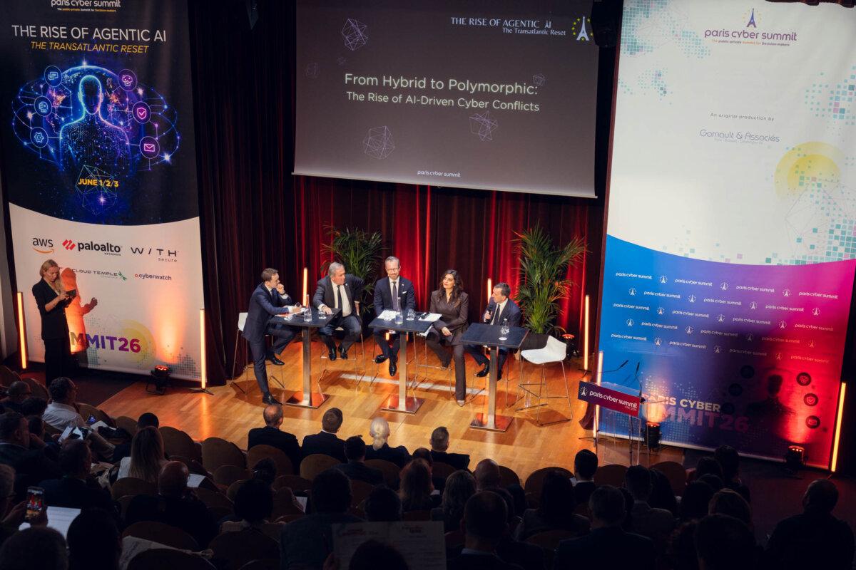 From left to right: Timo Blenk, a German partner and CEO of Agora Strategy Group; Jakob Ellemann-Jensen, former deputy prime minister of Denmark and deputy director general at the Danish Chamber of Commerce; David Lashway, an American partner at the law firm Sidley; Despina Spanou, a senior European Commission official; Grégory Wintebert, French president of the Alliance for Digital Trust at the Paris Cyber Sumit in Paris. (Courtesy of Paris Cyber Summit)