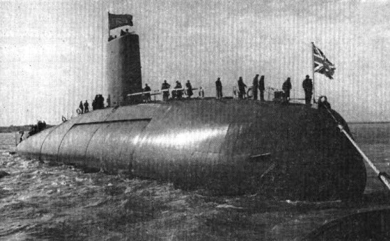The first nuclear-powered Royal Navy submarine HMS Dreadnought (S101) after launching, Oct. 21, 1960. (Public Domain)