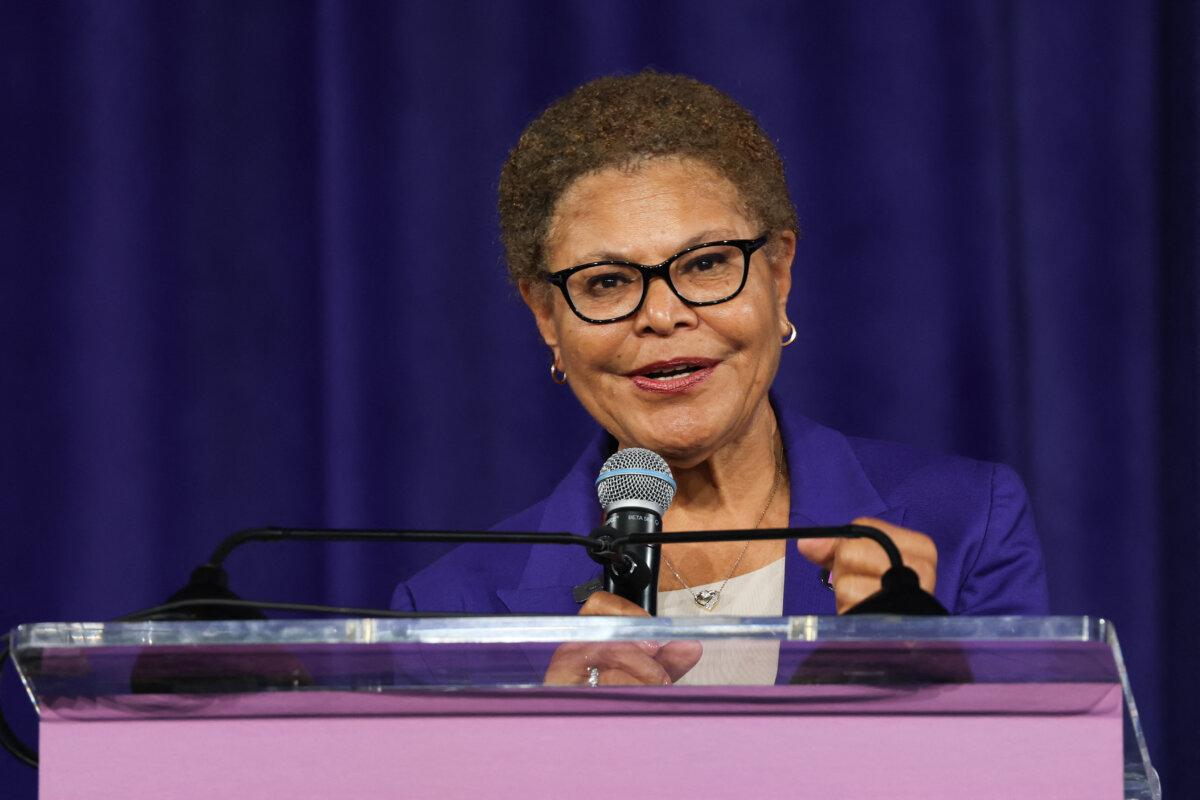 Los Angeles Mayor Karen Bass speaks during an event in Los Angeles on May 8, 2026. (Patrick T. Fallon/AFP via Getty Images)