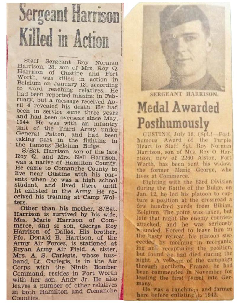 Newspaper clippings about Sgt. Roy Harrison's death and posthumous medal. (Courtesy of Jonny Castro)