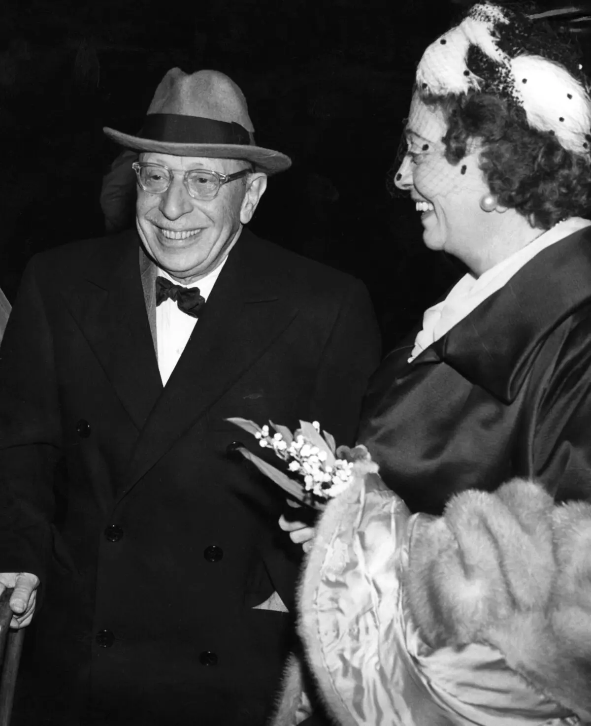 Composer Igor Stravinsky and his wife Vera smile upon their arrival in Stockholm in September 1961. (AFP via Getty Images)