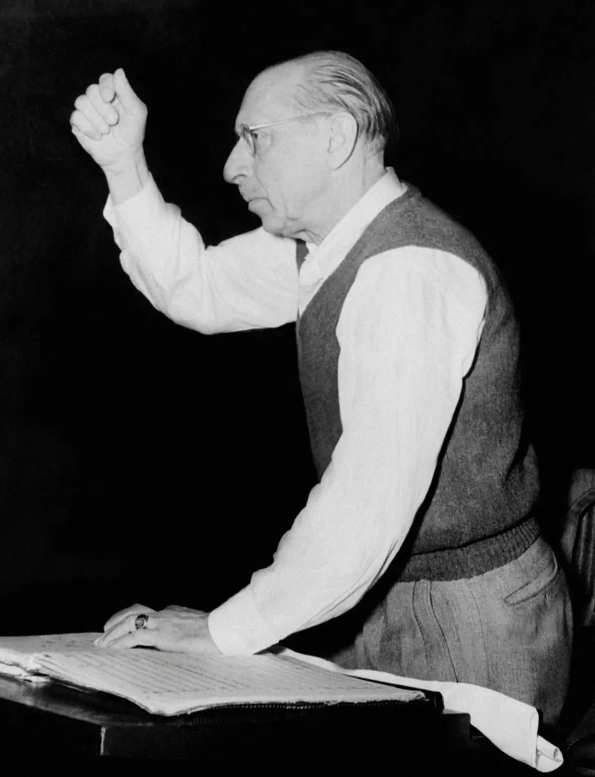 Composer Igor Stravinsky conducting an orchestra. (AFP via Getty Images)