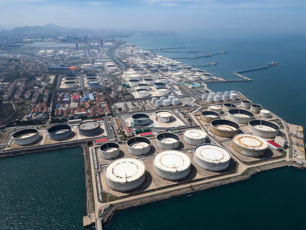 A group of oil tanks stores imported crude oil at Qingdao Port Crude Oil Terminal in Qingdao, China, on April 12, 2026. (Getty Images)