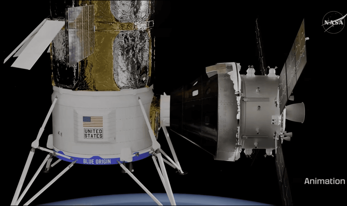 Illustration of NASA’s Orion spacecraft docked with Blue Origin’s Blue Moon lander during the upcoming Artemis III mission shared by NASA on June 9, 2026. (NASA/Screenshot).