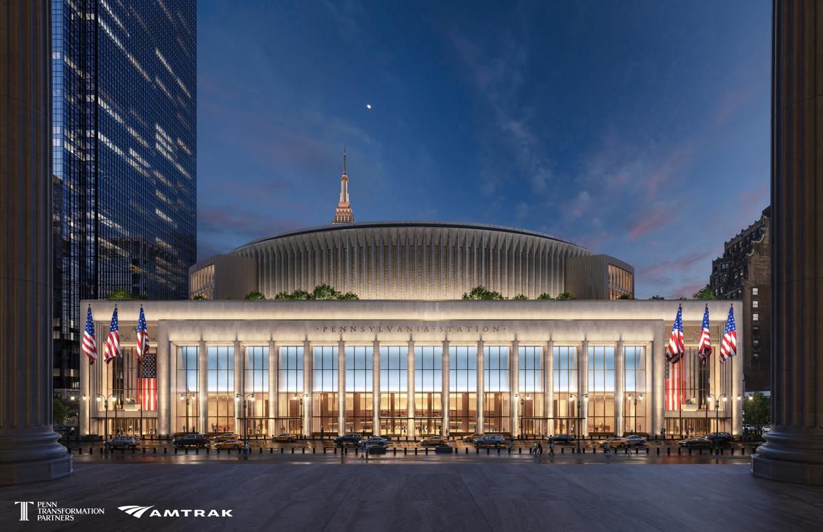 A rendering of the redesigned Pennsylvania Station, as seen from James A. Farley Post Office across Eighth Avenue. (Amtrak)
