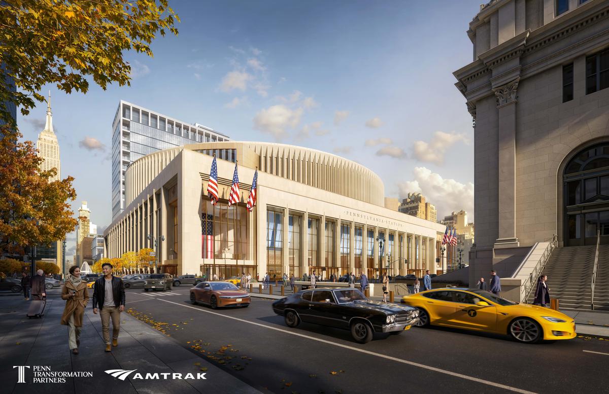 A rendering of the redesigned station as seen from Eighth Avenue and 33rd Street. (Amtrak)