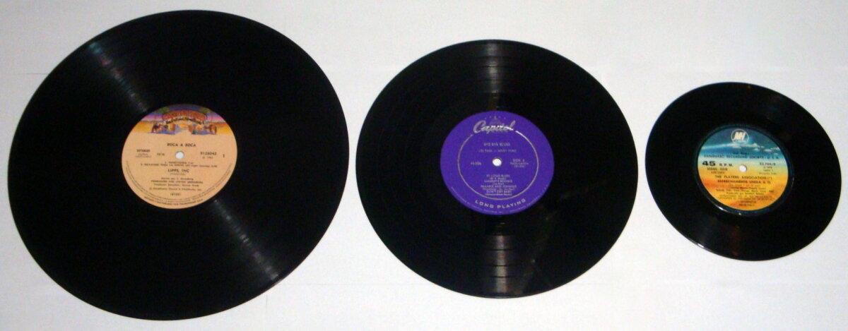(L–R) Three vinyl records of different formats, from a 12-inch LP, a 10-inch LP, a 7-inch single. (<a href="https://commons.wikimedia.org/wiki/User:Banfield">Banfield</a>/<a href="https://creativecommons.org/licenses/by-sa/3.0/">CC BY-SA 3.0</a>)