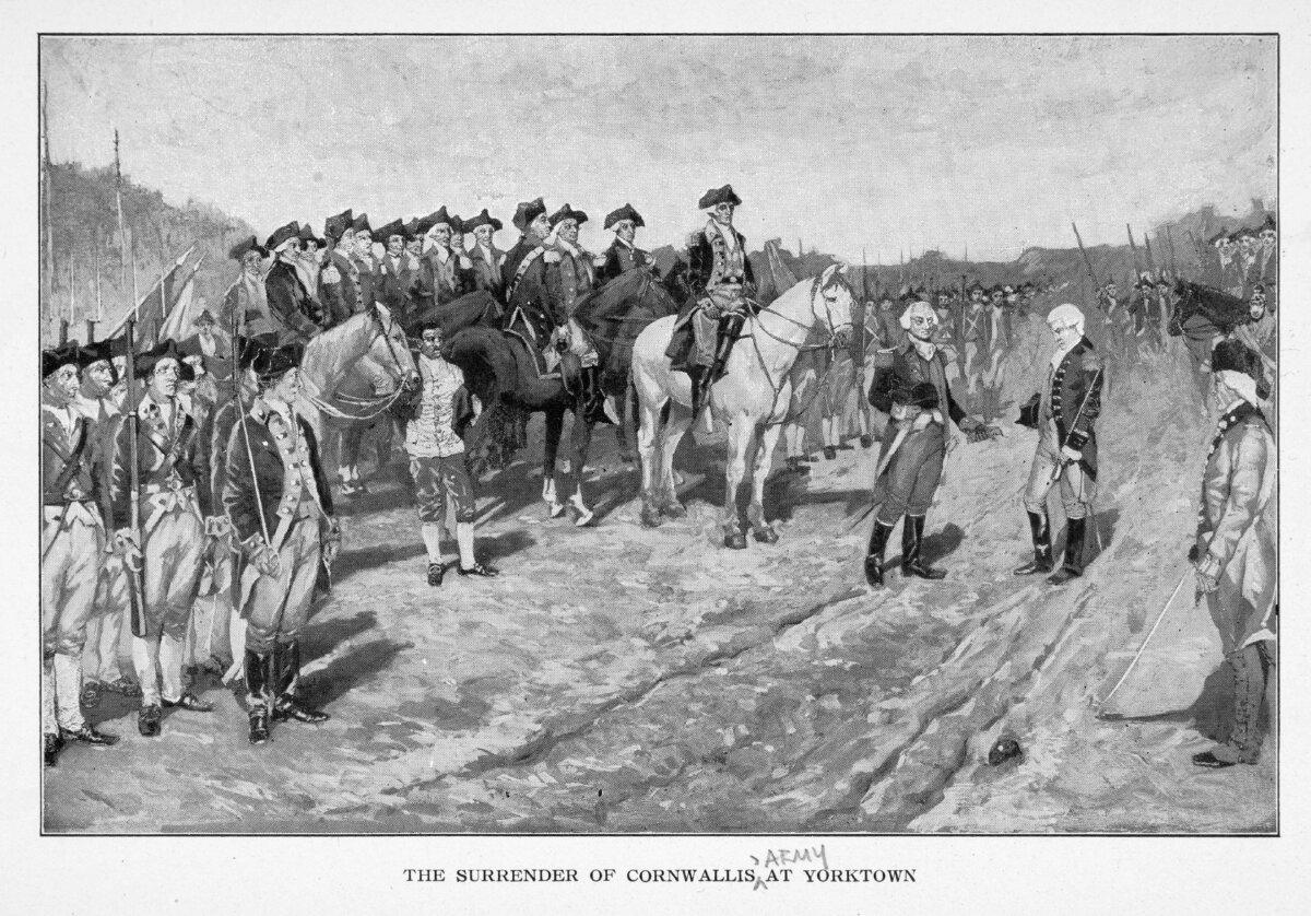 A lithograph depicting British military officer Charles O'Hara as he surrenders Charles Cornwallis' sword, as American Commander-in-Chief of the Continental Army General George Washington observes from horseback (white horse) and the allied American-French armies look on following the Battle of Yorktown, of the American Revolutionary War, in Yorktown, Virginia, 19th October 1781. (Kean Collection/Archive Photos/Getty Images)