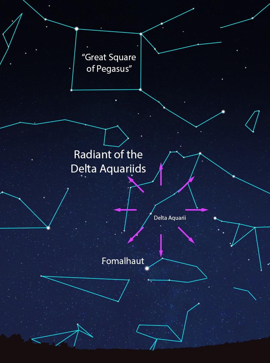 A south-facing view of the night sky and the radiant of the Delta Aquariids in late July. (The Epoch Times)