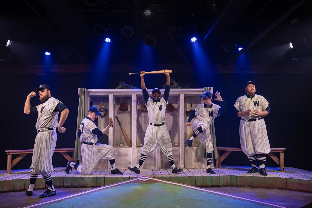 (L–R) Brady Magruder, Quinn Rigg, Jacob Merschel, Spencer Curtis, and John Parker Jackson in "Damn Yankees." (Elizabeth Stenholt Photography)