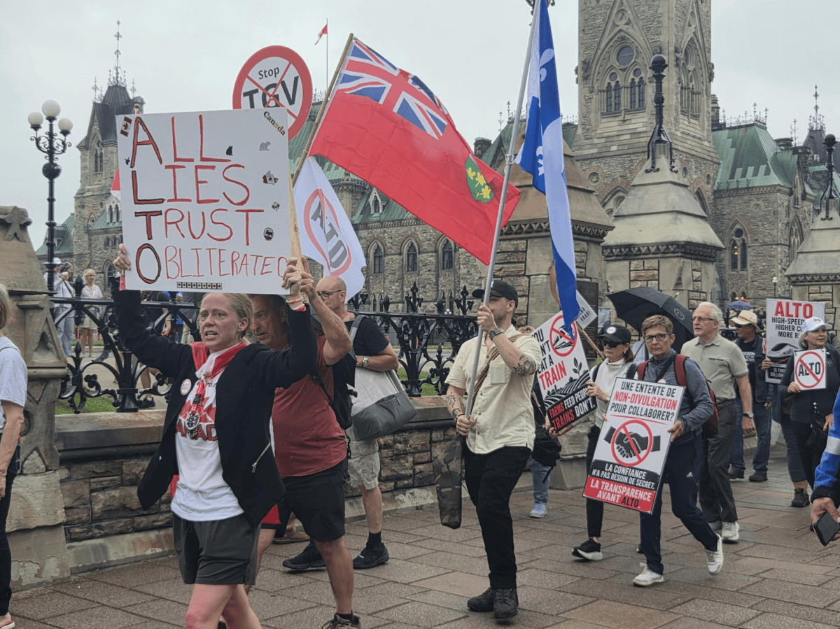 Protesters march to oppose the Alto high-speed rail project on Parliament Hill on June 10, 2026. (Matthew Horwood/The Epoch Times)