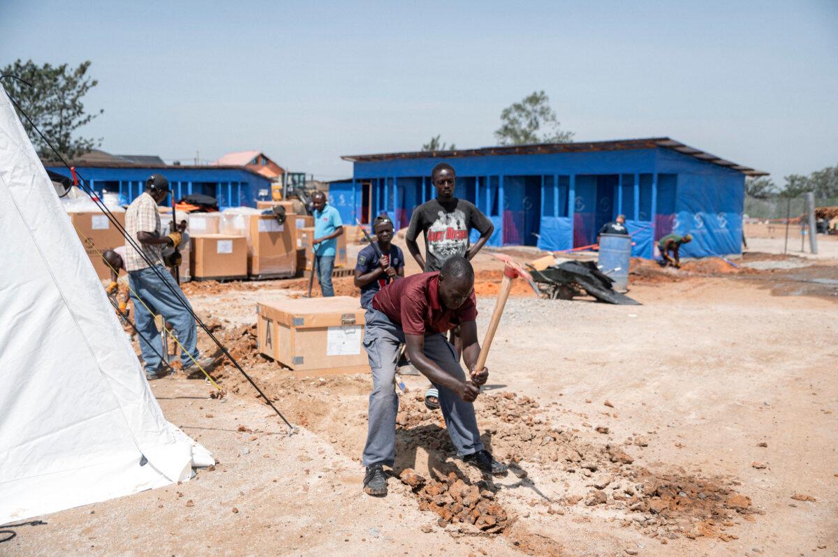 Workers take part in rehabilitation and construction work at the Scott Powell Memorial Ebola Treatment Center in Bunia, Congo, on June 11, 2026. (Jospin Mwisha/AFP via Getty Images)