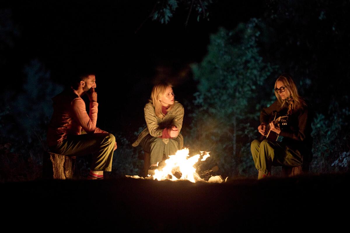 (L–R) Douglas (Avi Nash), Abby (Maria Bakalova), and Aimee Mann, in "O Horizon." (Great Curve Films)