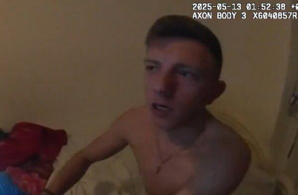 A still from a police officer's body-worn camera shows Roman Lavrynovych being arrested for arson attacks on property belonging to British Prime Minister Keir Starmer on May 13, 2025. (The Metropolitan Police)