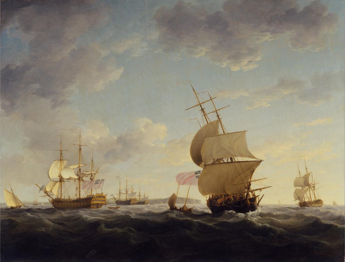 “Shipping in the English Channel,” circa 1755, by Charles Brooking. Oil on canvas; 35 1/2 inches by 46 3/8 inches. The painting shows Brooking’s characteristic attention to rigging, working sail, and the specific effects of light and weather on ships in motion. Yale Center for British Art. (Public Domain)