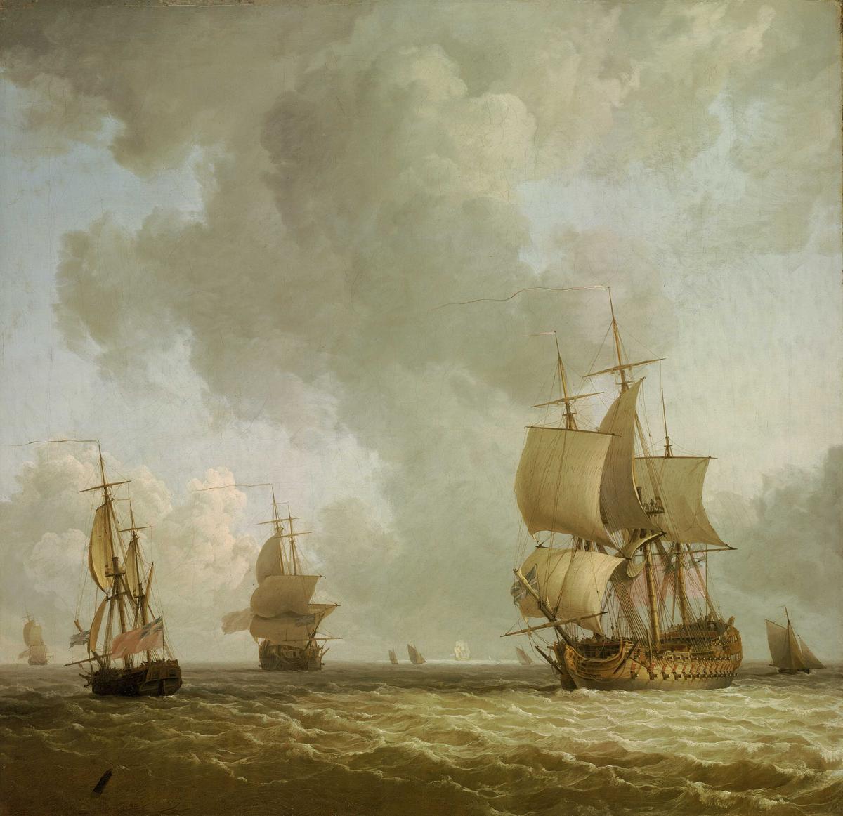 “Ships in a Light Breeze,” circa 1750, by Charles Brooking. Oil on canvas; 27 inches by 27 inches. Set against light winds and calmer seas, a 70-gun naval two-decker leads the scene on the right, while on the left, a ketch-rigged vessel and another warship recede into the distance. Royal Museums Greenwich, U.K. (Public Domain)