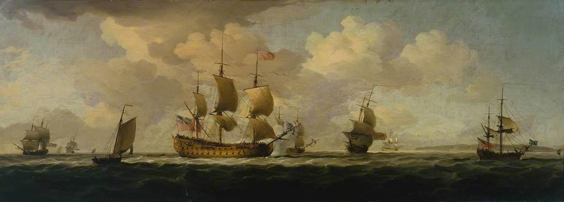 “A Flagship Before the Wind with Other Vessels,” 1754, by Charles Brooking. Oil on canvas; 40 inches by 14 1/2 inches. Brooking painted three versions of this subject: This canvas was painted for the Foundling Hospital in London, a children’s home founded in 1739 by the sea captain and philanthropist, Thomas Coram. Tate, U.K. (Public Domain)