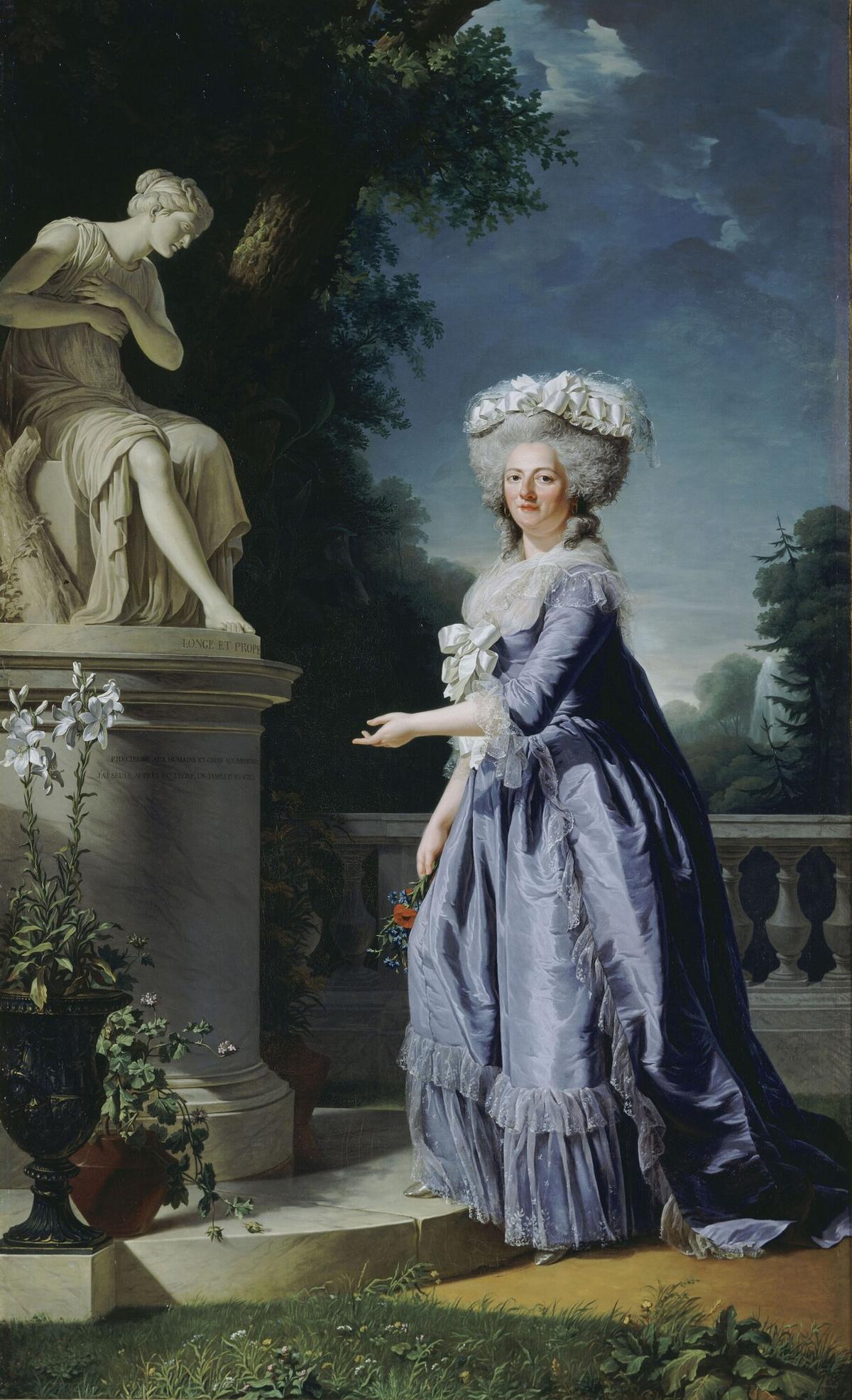 A portrait of Madame Victoire of France, 1788, by Adélaïde Labille-Guiard. Oil on canvas; 106 11/16 inches by 65 inches. Labille-Guiard’s careful attention to texture, color, and expression, brings both the sitter’s personality and her aristocratic elegance to life. Palace of Versailles. (Public Domain)